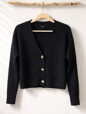 Quince Black Wool Blend Knit Button Cardigan V-Neck Long Sleeve Women Classic